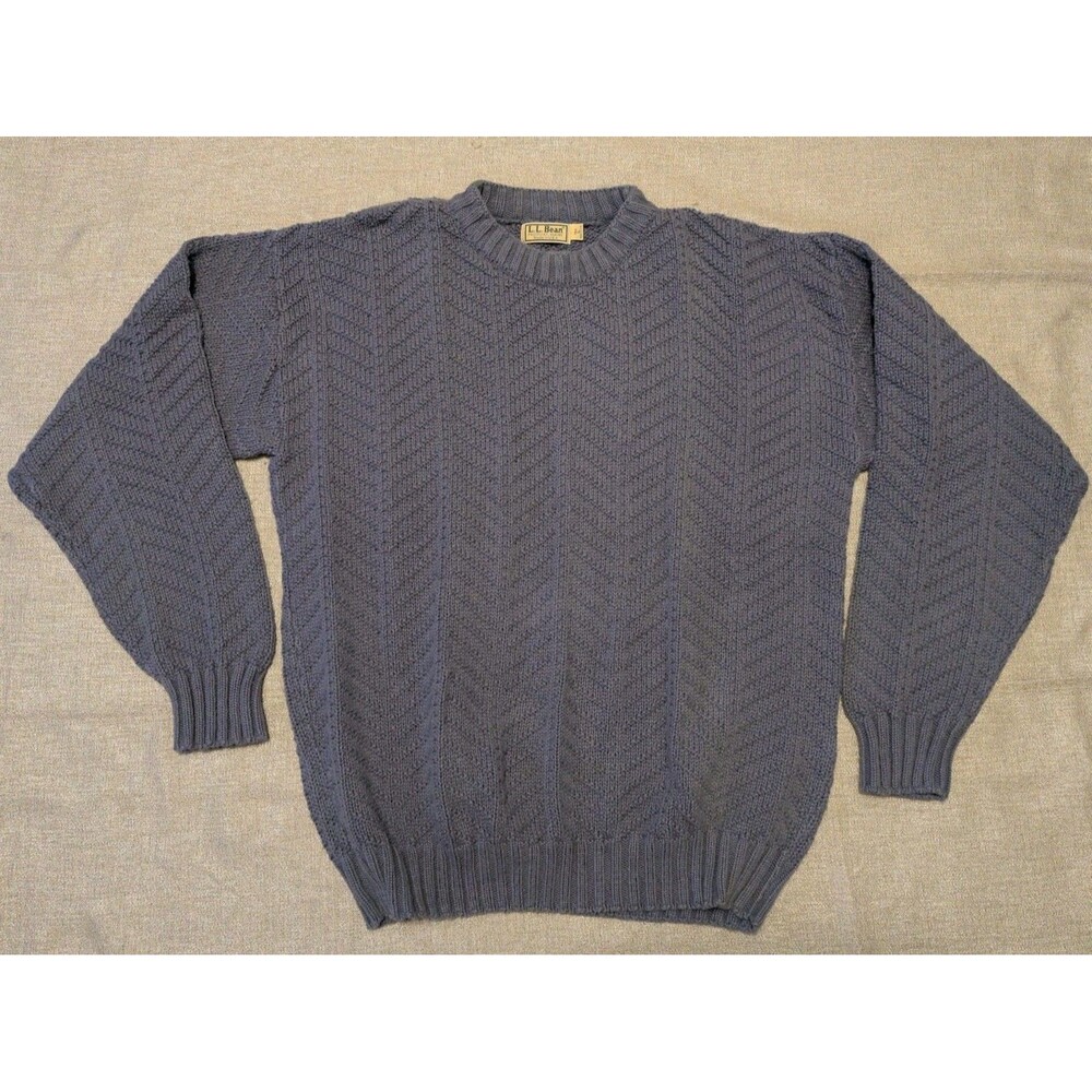 Vintage LL Bean Blue Herringbone Knit Sweater Mens Large - USA Made 100% Cotton